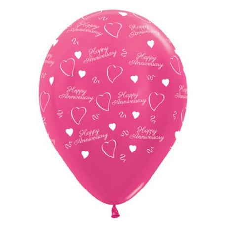 Pack of 6 fuchsia metallic latex balloons, 30cm, perfect for anniversary and festive decorations.