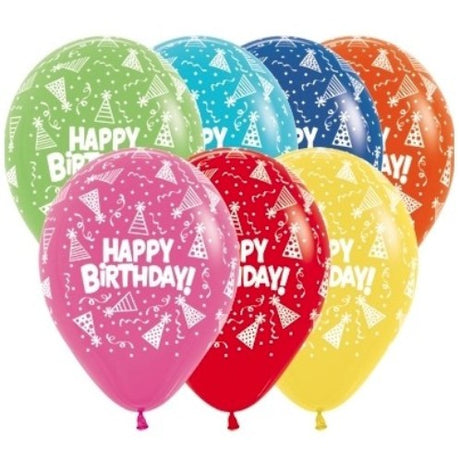 Pack of 12 colorful 30cm birthday hats latex balloons, perfect for festive celebrations and enhancing party decor.