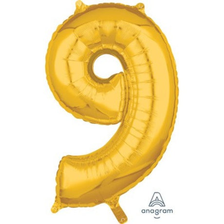 Gold 66cm mid-sized Shape Number Nine foil balloon, perfect for celebrations, self-sealing and suitable for air or helium