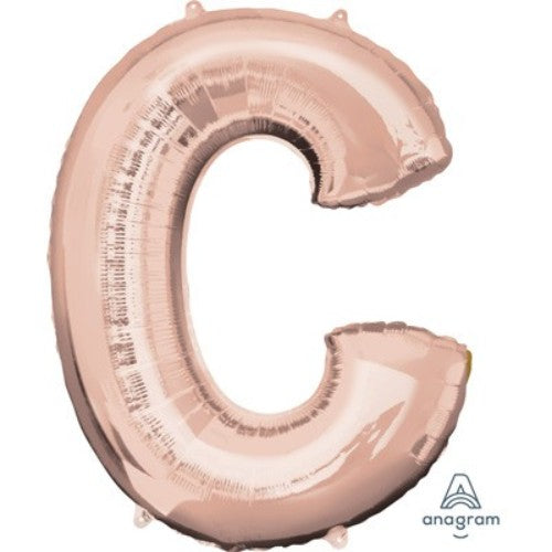 Letter C balloon in rose gold, 81cm, self-sealing, perfect for celebrations, can be helium or air filled.