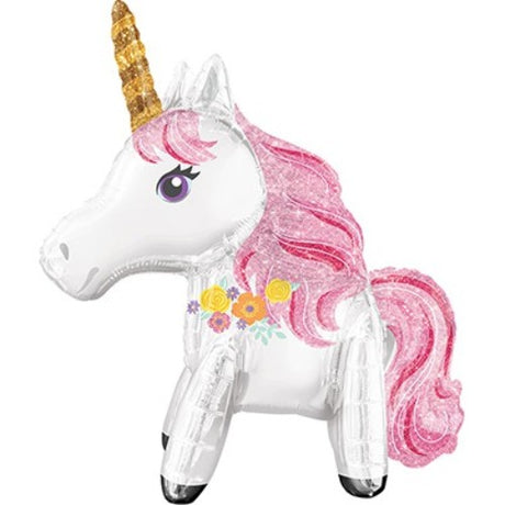Brightly colored Airwalker Mini Magical Unicorn balloon, perfect for parties, measures 55cm x 63cm and includes a self-sealing feature.