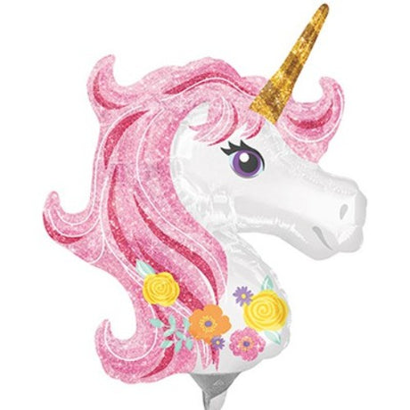 Flat foil balloon in the shape of a magical unicorn head, perfect for whimsical party decor and themed celebrations.