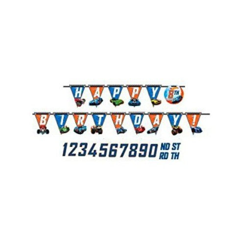 Colorful Hot Wheels Wild Racer pennant banner with customizable age, featuring double-sided tape and numbered pennants.