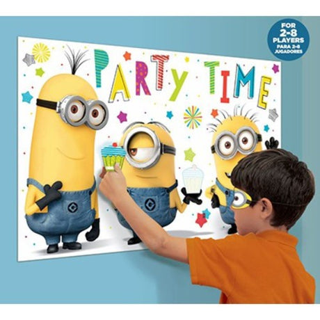 Despicable Me Minion Made Party Game featuring a colorful poster, stickers, and blindfold for fun-filled celebrations.