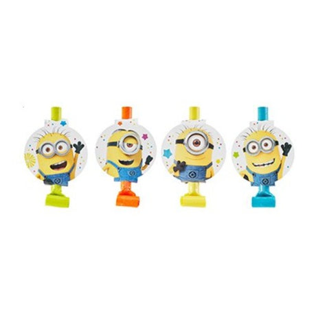 Assorted Despicable Me Minion blowouts with medallions, pack of 8, perfect for party celebrations.