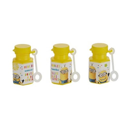 Pack of 12 Minion-themed mini bubble containers, each filled with 18ml of bubble solution for endless fun.