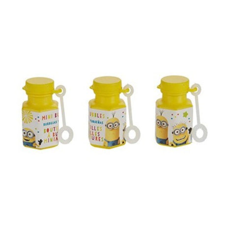 Pack of 12 Minion-themed mini bubble containers, each filled with 18ml of bubble solution for endless fun.