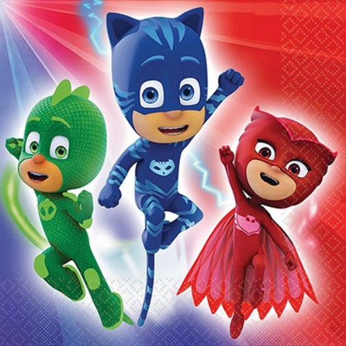 PJ Masks luncheon napkins in a pack of 16, 33cm x 33cm, 2-ply for fun parties.