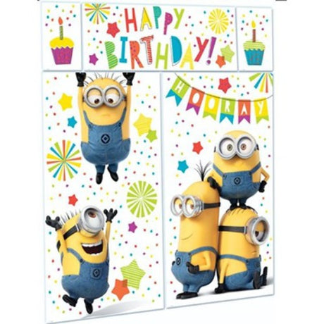 Vibrant Despicable Me Minion decoration set for birthday parties, includes backdrops, banner, and cutouts for festive fun.