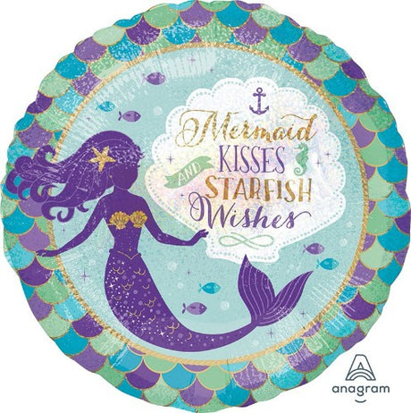 45cm holographic foil balloon featuring mermaid and starfish design, perfect for ocean-themed celebrations.