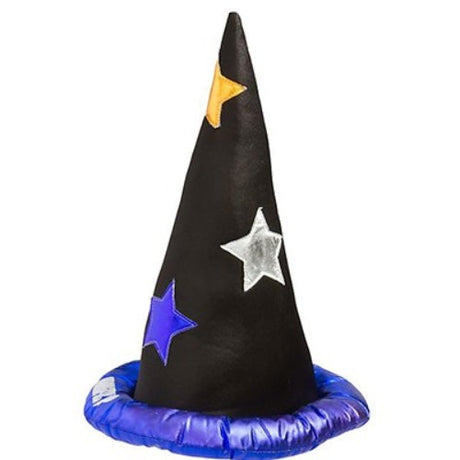 Black wizard hat adorned with shiny stars, perfect for costume parties and magical adventures.