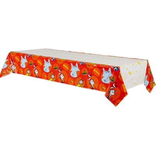 Colorful Dr Seuss plastic tablecover measuring 137cm x 243cm, perfect for children's parties and easy clean-up.
