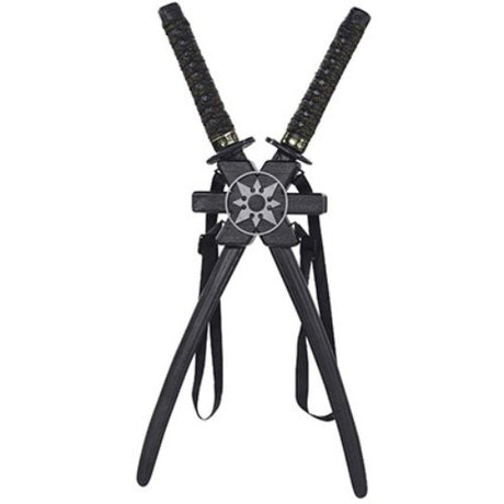 Ninja Double Swords & Holder in black and gold, 74cm plastic decorative props for costumes and parties.