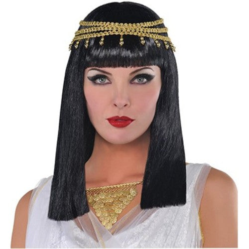 Luxurious Egyptian queen wig with beaded headpiece, perfect for costumes and themed events.