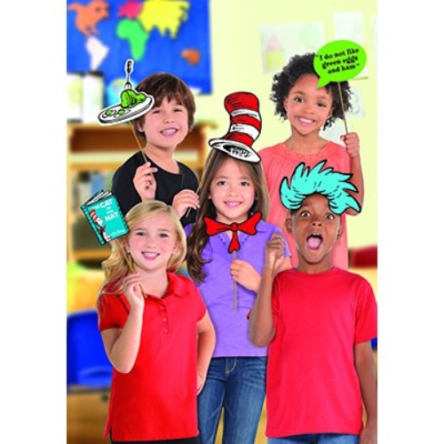 Dr Seuss Photo Prop Kit with 13 assorted designs featuring iconic characters and quotes for fun party photo opportunities.