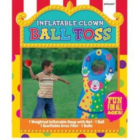 Vibrant inflatable ball toss set with a weighted hoop, net, and ball for outdoor fun and skill-building activities.