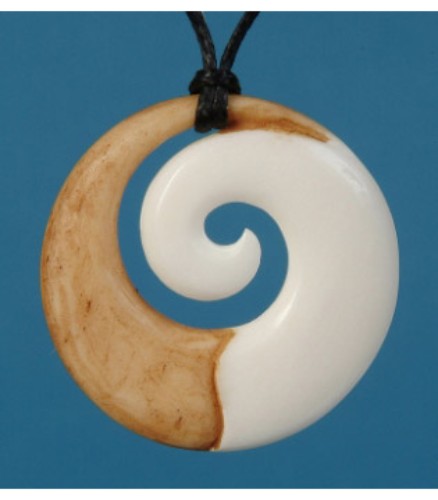 Bone Stained Koru Pendant featuring hand-carved design symbolizing new beginnings, on adjustable black wax cord.