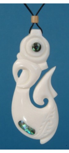 Bone Manaia Hook Pendant featuring vibrant paua shell, symbolizing protection and good fortune, on adjustable black cord.