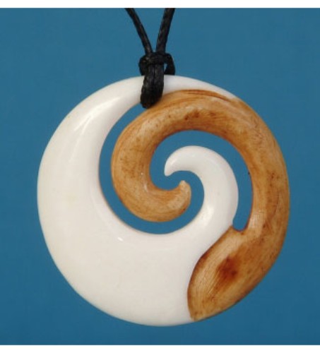 Bone Koru Stained Pendant, symbolizing growth and new beginnings, on an adjustable cord, showcasing unique Kiwiana craftsmanship.
