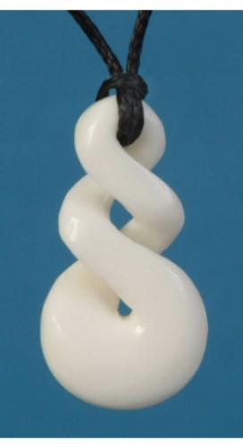 Hand-carved Bone Double Twist Pendant, 30mm x 16mm, symbolizing life's journey, adjustable height, unique Maori jewellery piece.