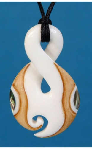 Bone Single Twist Pendant with Paua shell inlay, symbolizing life's journey, on adjustable black wax cord.