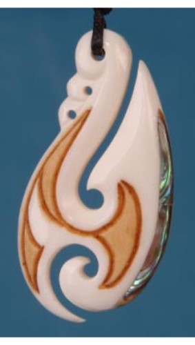Bone stylised hook pendant representing Maori heritage, featuring Paua shell inlay and adjustable wax cord.