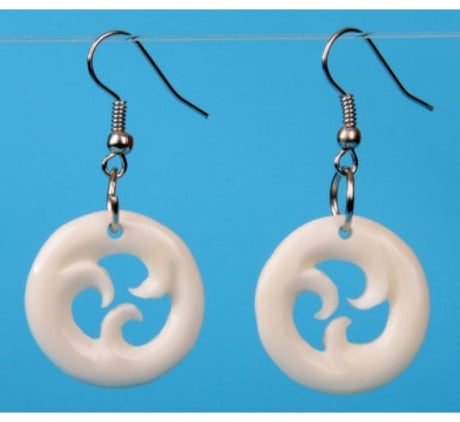 Bone Triple Koru Earrings, 25mm, handcrafted from pork and beef bone, embodying Maori culture and elegance.