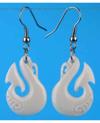 Handcrafted Bone Manaia Hook Earrings, 25mm x 18mm, celebrating Maori culture with unique carvings and symbolism.