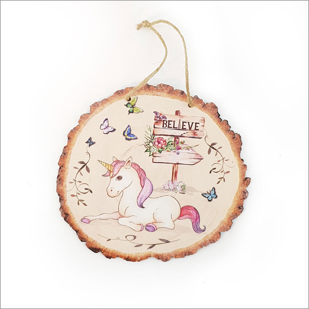 Whimsical Kiwi Unicorn wood slice wall art, eco-friendly pine veneer, vibrant colors, perfect for any room decor.