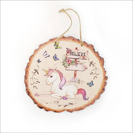 Whimsical Kiwi Unicorn wood slice wall art, eco-friendly pine veneer, vibrant colors, perfect for any room decor.