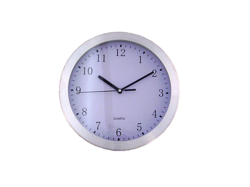 Stylish 10-inch Aluminium Clock with brushed rim, clear numbers, perfect for home decor and gifts.