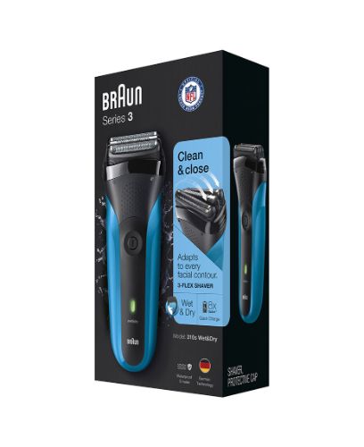 Braun Series 3 Flex Shaver, a waterproof electric shaver with 3 adaptive shaving elements designed for wet and dry use.
