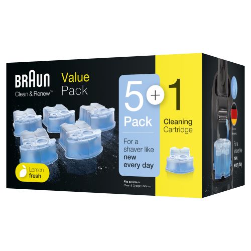 Braun Clean & Charge Renew value pack includes 5 cartridges for optimal cleaning and lubrication of your electric razor.