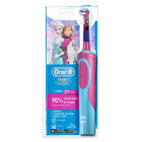 Colorful Frozen characters adorn the Oral-B Stages Kids Electric Toothbrush, designed for gentle, fun brushing for children.