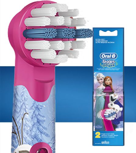 Replacement brush heads featuring Frozen characters, with soft bristles for gentle cleaning in kids' mouths.