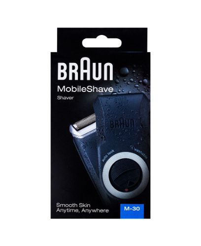 Braun M30 Pocket Go Shaver in black and silver, compact design with extra wide foil for a close, smooth shave on the go.
