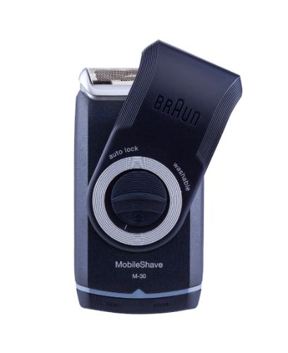 Braun M30 Pocket Go Shaver in sleek black and silver, featuring extra wide foil for a close shave, perfect for travel.