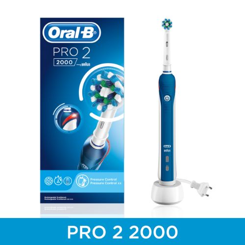 Oral-B PRO 2 2000 blue electric toothbrush, featuring 3D cleaning action and pressure control for effective gum care.