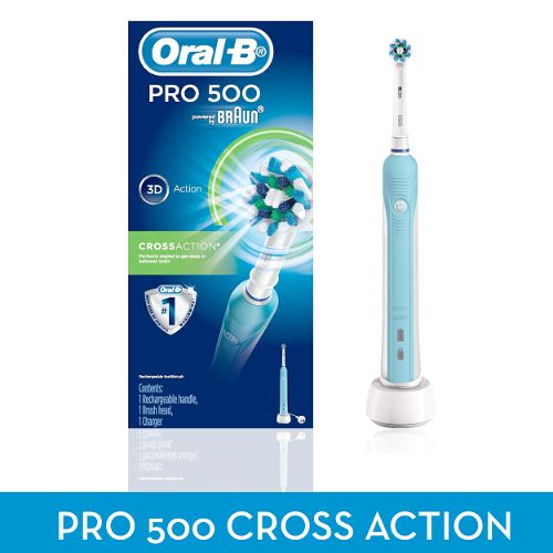 Oral-B PRO 500 Electric Toothbrush with Cross Action bristles for effective plaque removal and gum care.