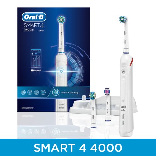 Oral-B Smart 4 4000 electric toothbrush with Bluetooth, round brush head, and pressure control for optimal oral care.