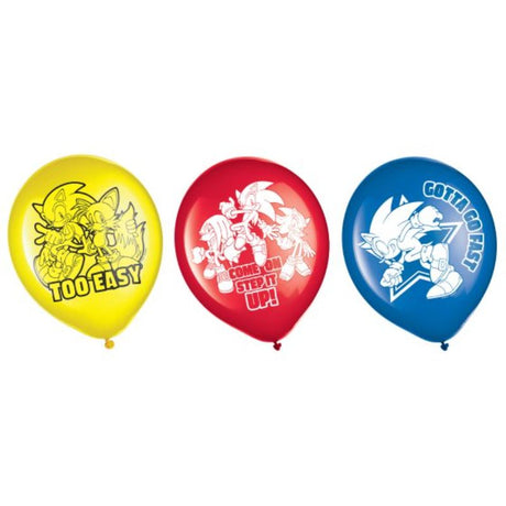 Pack of 6 Sonic the Hedgehog 30cm latex balloons featuring blue and iconic character design.