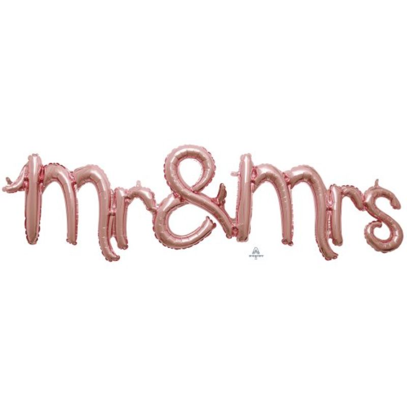 Rose gold Mr & Mrs balloon, 129cm x 33cm, perfect for weddings and celebrations, adds elegance and style.
