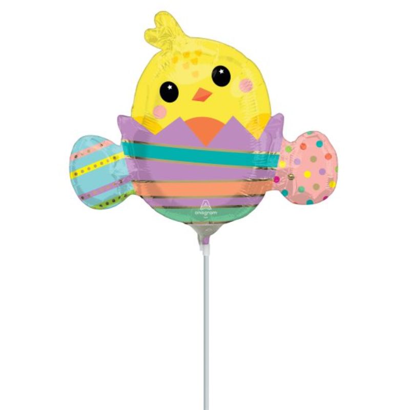 Mini foil balloon featuring a chicky peeking from a colorful striped egg, perfect for Easter and festive celebrations.