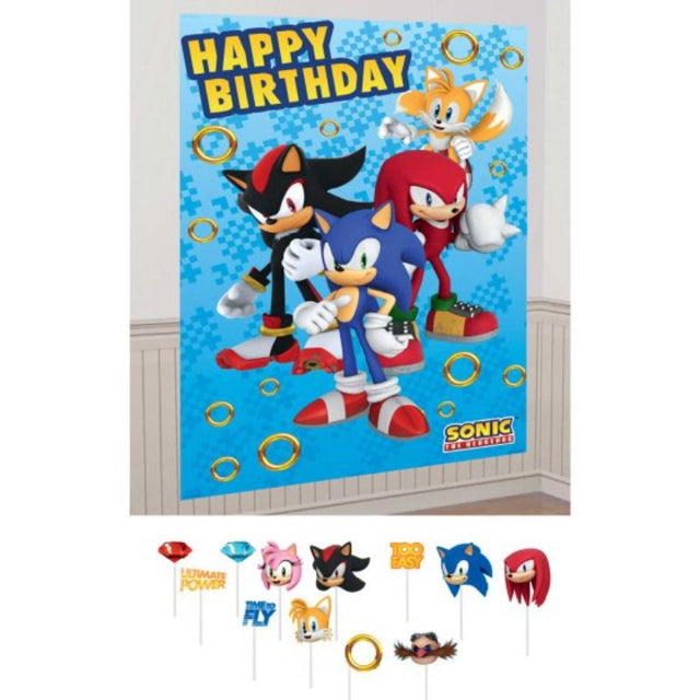 Sonic the Hedgehog vibrant scene setter pack with 4 backdrops and 12 fun cardboard props for themed parties.