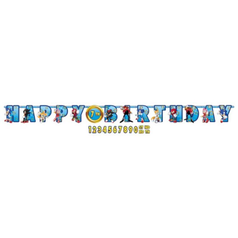 Colorful Sonic the Hedgehog banner customizable for any age, measuring 25cm x 3.2m, perfect for birthday celebrations.