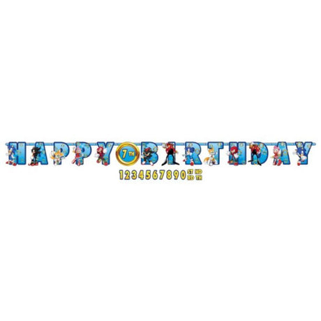Colorful Sonic the Hedgehog banner customizable for any age, measuring 25cm x 3.2m, perfect for birthday celebrations.