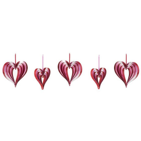 Pack of 5 red and pink heart-shaped hanging decorations, perfect for romantic occasions and festive decor.