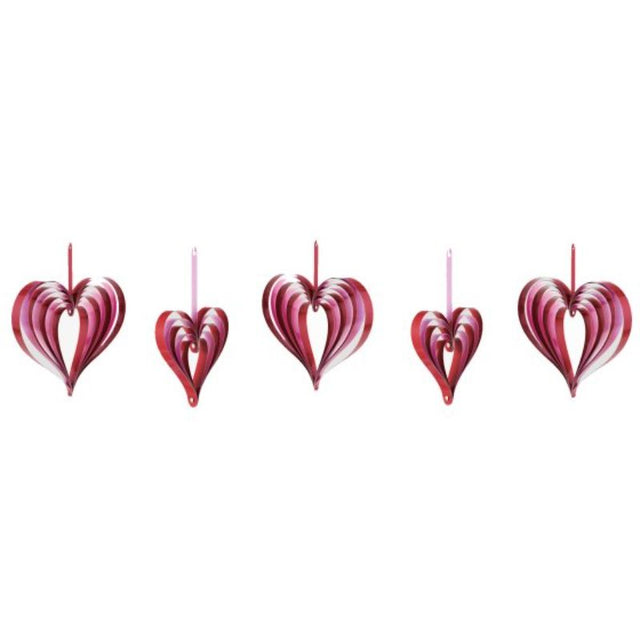 Pack of 5 red and pink heart-shaped hanging decorations, perfect for romantic occasions and festive decor.