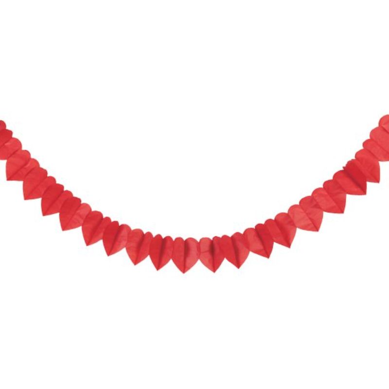 Vibrant red tissue paper banner featuring hearts, perfect for romantic celebrations and easy to hang for any occasion.
