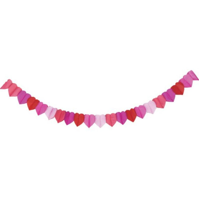 Multi-coloured hearts tissue paper banner, 17cm x 3m, perfect for adding charm to any festive celebration.